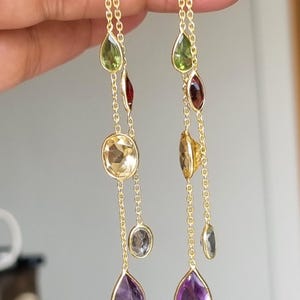 Gemstones Galore! Amethyst Topaz Garnet Citrine set in 14ct Gold Plate on 925 Silver - Statement Swag Earrings 8cm