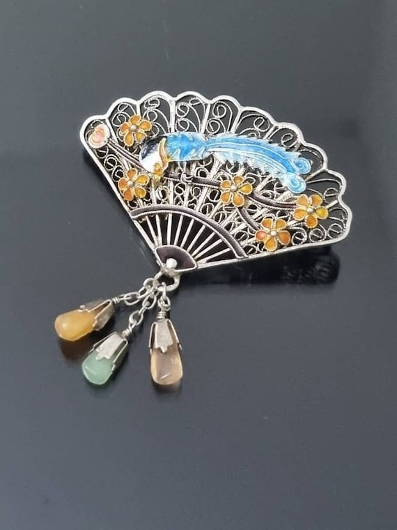 Chinese Export and Gemstones Antique Fan Brooch E… - image 1