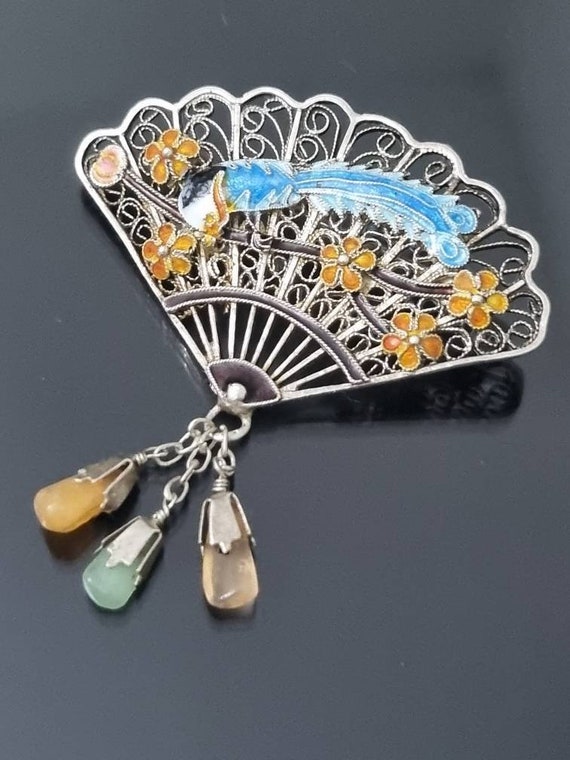 Chinese Export and Gemstones Antique Fan Brooch E… - image 2