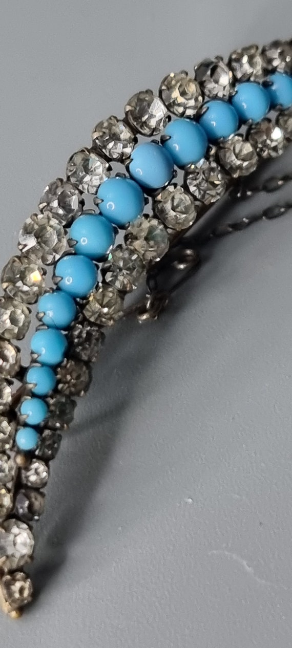 Antique Victorian Diamond Paste and Turquoise Glass(?) Large Crescent Moon Brooch