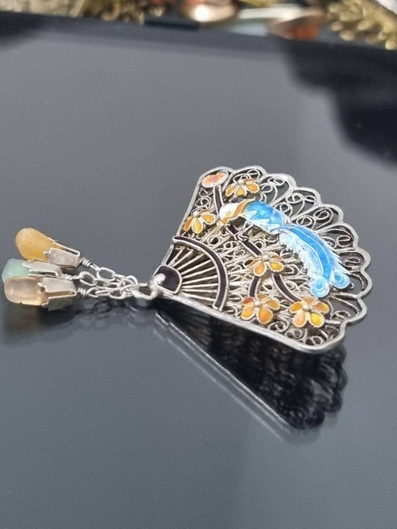 Chinese Export and Gemstones Antique Fan Brooch E… - image 5