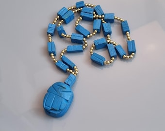 Collier Ancien En Céramique Turquoise - Pendentif Scarabée - Occasion