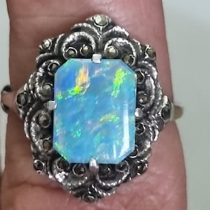 Art Deco Black Opal Doublet Sterling Silver & Marcasites Dress Statement Ring UK Size L 1/2 - US &#39;6&#39; - Exquisite Quality Stone 4.32g