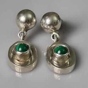 Vintage Modernist Taxco Mexiko Retro Malachit Cab und Sterling Silber Tropfen Ohrringe - Massiv schwer 13.6g Ohrringe vgc 3.6 cm