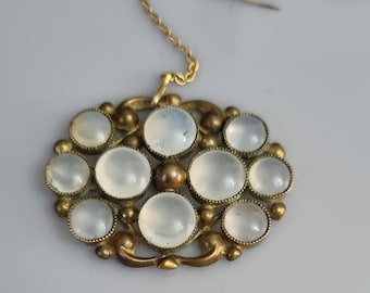 Antique Georgian Pinchbeck and Moonstone Cabochons Brooch with Safety Chain - Clasp Missing