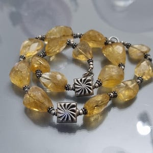 Vintage Natural Citrine Lightly Faceted and Sterling Silver Statement Luxe Necklace with Silver Repousse Beads