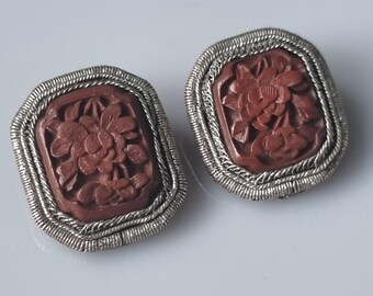 Antique Carved Chinese Cinnabar and Finely Coiled Silver Bezel Clip on Earrings - Art Deco
