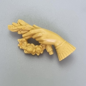 Antique Celluloid (or similar) Figural Hand Holding Wreath & Wheatsheaf Brooch 7cm x 2.8cm
