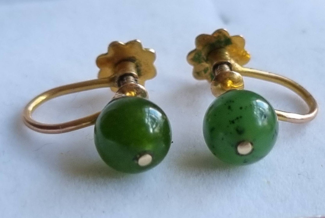 Edwardian 9ct Gold Jade Jadeite Ball Screwback Earrings Stamped '9CT