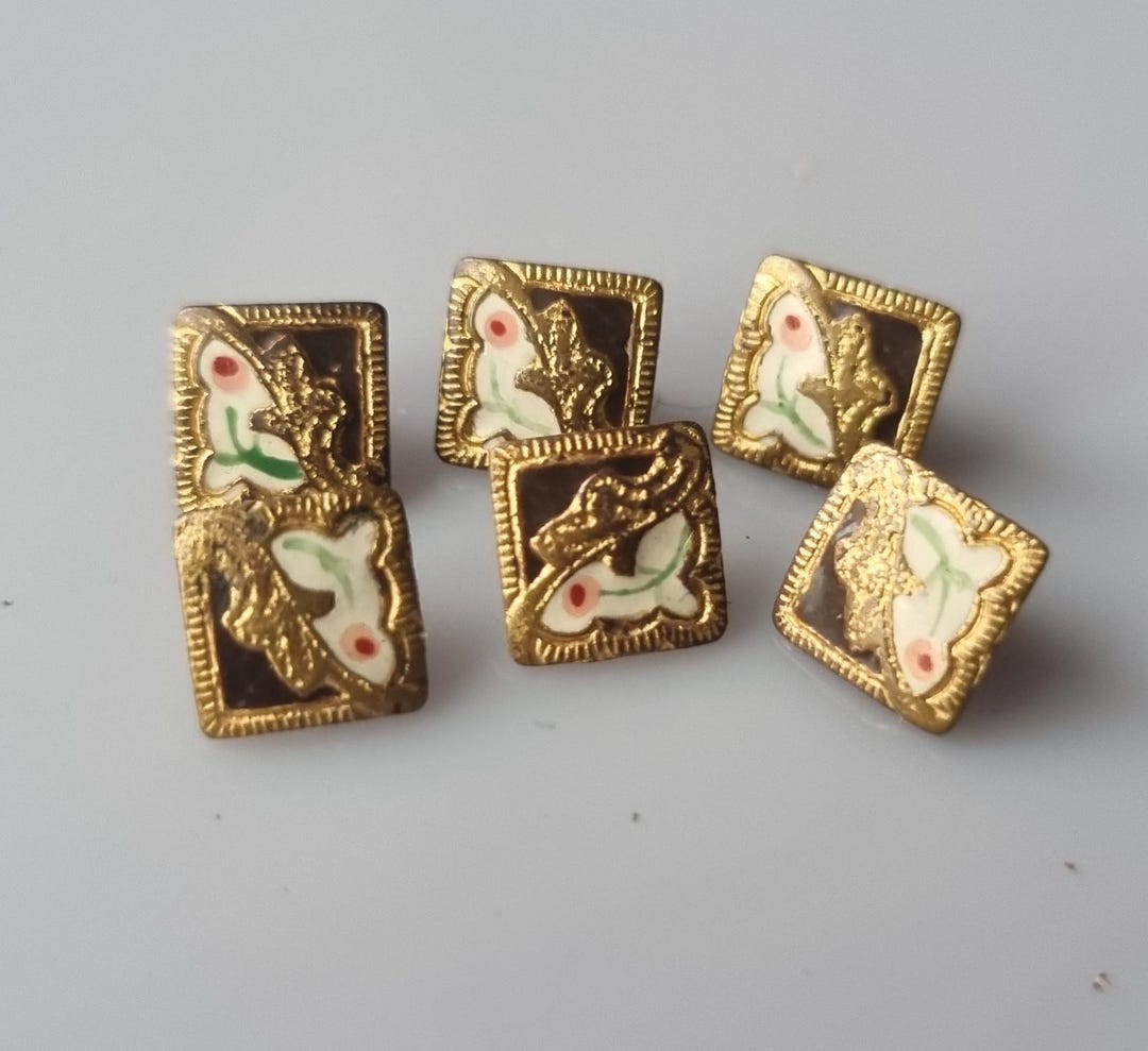 6 X Antique French Champleve Enamel and Gilt Floral Miniature Buttons ...