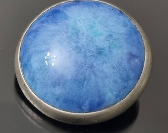 Vintage Ruskin Style Blue Enamel or Pottery and Pewter Domed Round Brooch