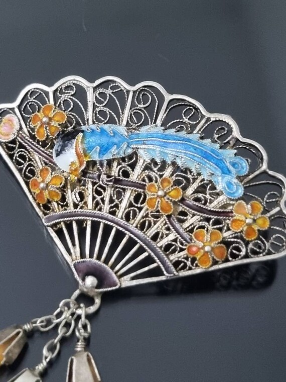 Chinese Export and Gemstones Antique Fan Brooch E… - image 3