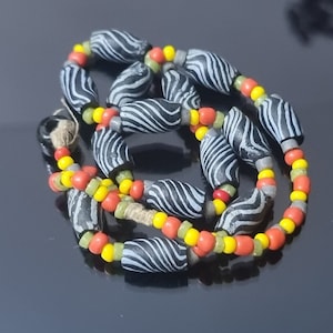 Very Rare Antique Venetian Black & White Zebra Striped Glass African Trade Beads Necklace -hand-made and hand painted  Very old - c1800 a/f