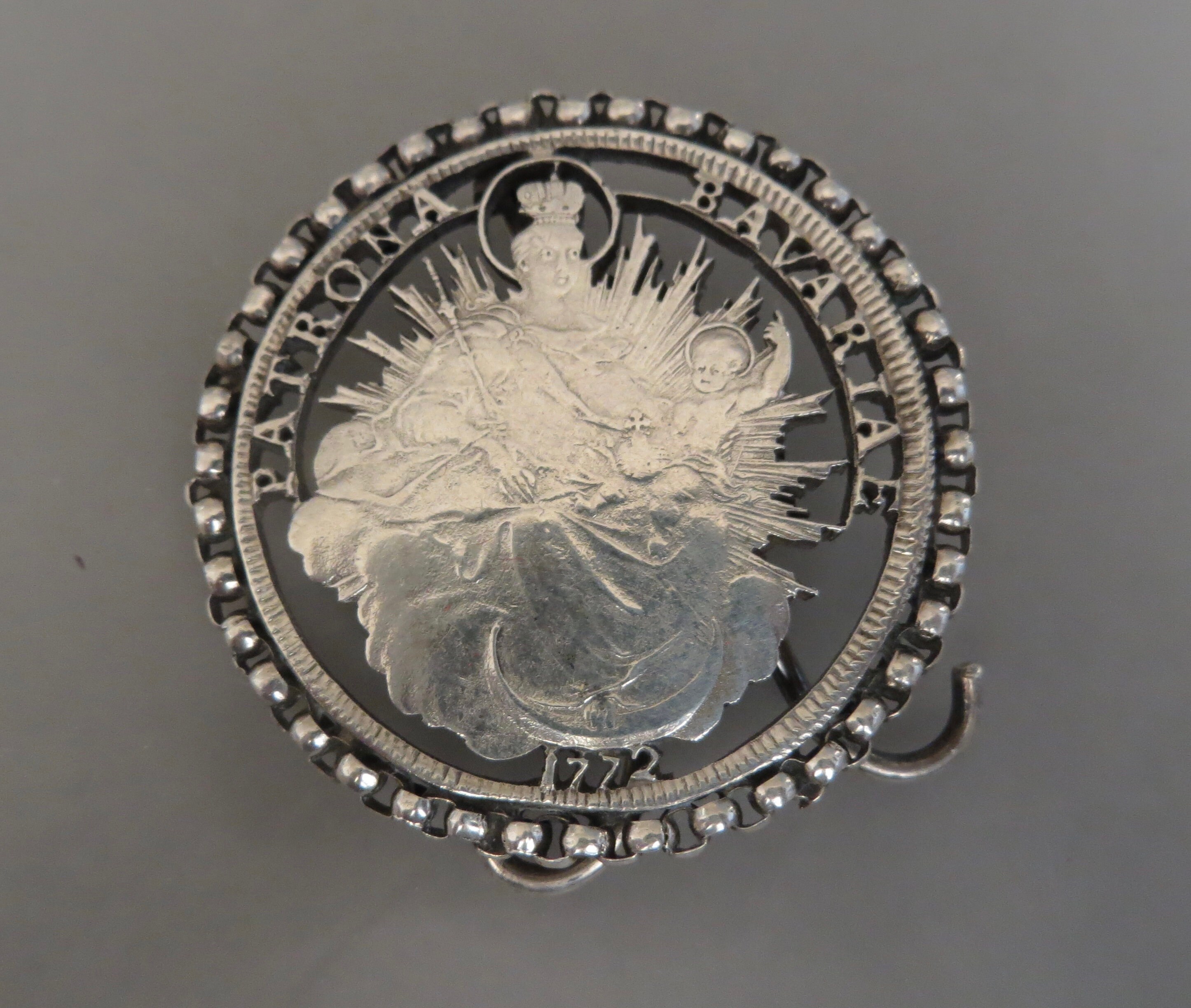 Image of 1772 Germany Patrona Bavariae Bavaria Maximilian Iii Joseph Silver Thaler Coin With Madonna Pierced Coin in A Stand Alone Frame H'mld 25.5G