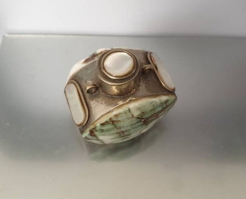 Antique SNUFF BOX chatelaine silver mother of pearl and Turbo shell perfect hand made piece circa 1890