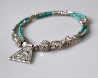 Vintage CHINESE Turquoise gemstone and Sterling Silver amulet necklace silver carved beads Turquoise bugle beads strung on Sterling wire