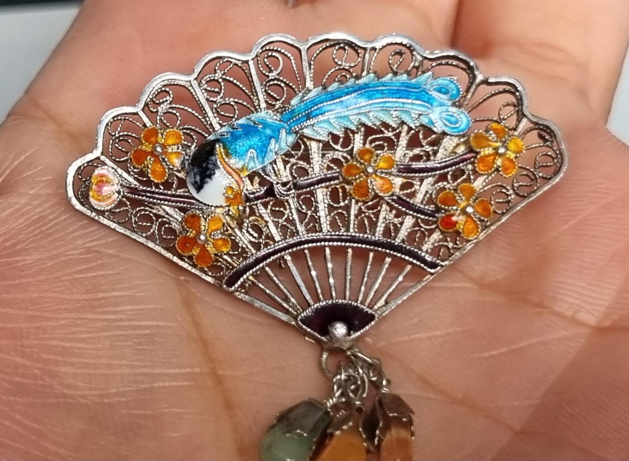 BYGONEDAYSTreasures Chinese Export and Gemstones Antique Fan Brooch Early 1900 s Sterling Vermeil Enamel Bird of Paradise Filigree Fan Brooch with Gem Drops