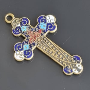 Antique French Champleve Enamel on Brass Crucifix Cross Pendant