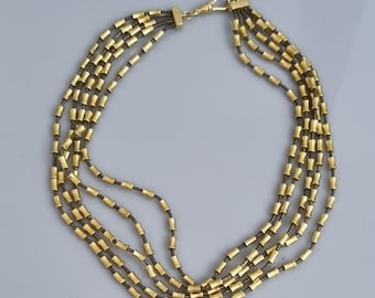 Vintage BRUSHED/MATTE gold 5-strand TUBULAR metal beads necklace with dog clip clasp heavy 68.8g
