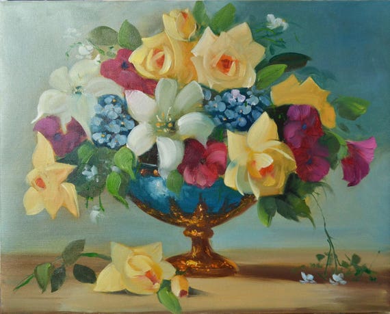 Malarstwo Olejne Kwiaty W Wazonie