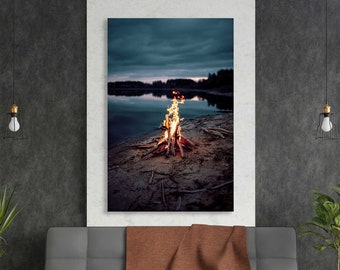 Bonfire pictures for living room walls, Bonfire print canvas, Night Sky original decor for wall, Night Bonfire art wall decor, Lake photo