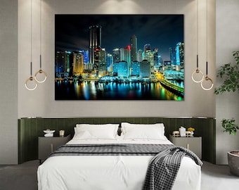 Miami Wall Art Canvas Print, Night Skyline Cityscape for Modern Rooms