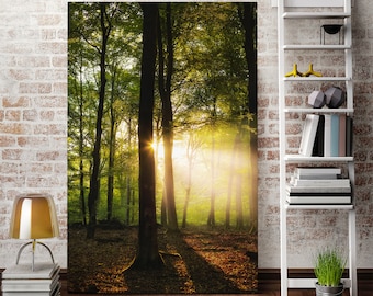 Sunlight Through Trees pictures wall art, Sunny Forest print canvas, Forest painting for wall, Forest Trees original decor for home