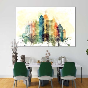 May include: A watercolor painting of the Atlanta skyline with colorful buildings and a white background.
