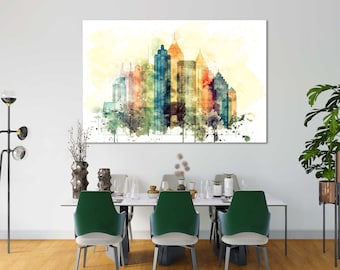 Aquarelldruck der Skyline von Atlanta – Moderne Wandkunst im Stadtbild | Georgia Reiseposter, Dekor im Süden der USA, Kunstwerk für urbane Architektur