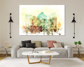Wichita Skyline Canvas Print, Kansas Watercolor Cityscape Wall Art for Office and Home