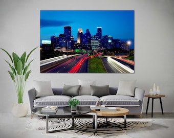 Minneapolis night cityscape print art on canvas, Minneapolis downtown, Minneapolis large decor for home, Minneapolis picture print