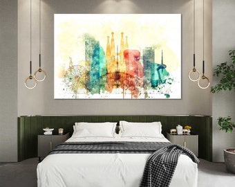 Barcelona Watercolor Canvas Prints Wall Art Barcelona Skyline Canvas Living Room Wall Decor Barcelona Bedrooms Canvas Home Decoration