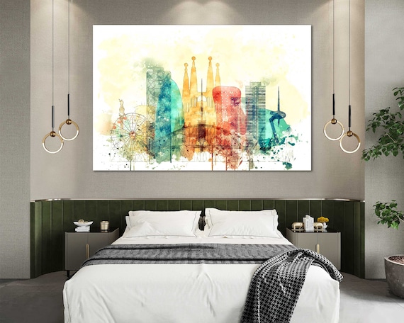 Barcelona Watercolor Canvas Prints Wall Art Barcelona Skyline Canvas Living Room Wall Decor Barcelona Bedrooms Canvas Home Decoration