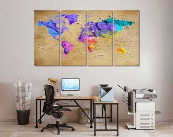 Lienzo con estampado de mapa del mundo a color, arte contemporáneo de mapa del mundo para pared, impresión de imagen de mapa del mundo en lienzo, chinchetas en lienzo de mapa del mundo