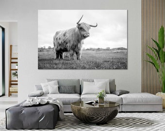 Black and White Highland Cow Canvas Wall Art Scottish Bull Print