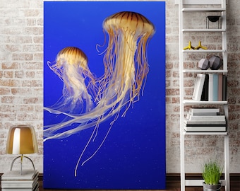 Vertical Jellyfish Wall Art, Blue Ocean Canvas Decor, Underwater Life Print
