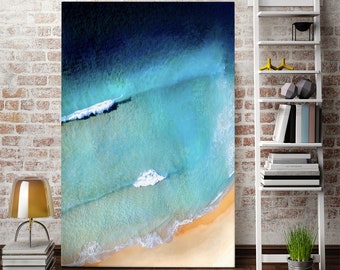 Aerial Ocean Beach Canvas, Turquoise Waves Seascape Wall Art for Contemporary Home Decor