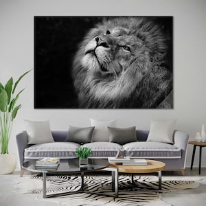 Portrait of Lion in Black and White Style Print on Canvas, King of Animals Wall Decor, Wildlife Artwork for Interior Decor, Lion Art Gift