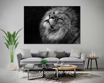 Portrait of Lion in Black and White Style Print on Canvas, King of Animals Wall Decor, Wildlife Artwork for Interior Decor, Lion Art Gift