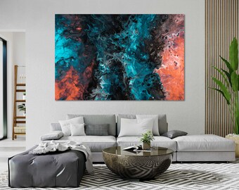 May include: Abstract painting with swirling blue, black, and orange colors. The colors blend together to create a dynamic and energetic composition.