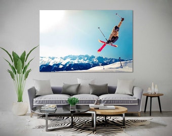 Leinwandbild mit Skimotiven, Freestyle-Skisprung, alpine Winterdekoration