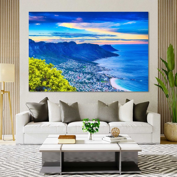 Camps Bay Beach at sunrise print art, Cape Town pictures for walls, South Africa painted wall art, Coast print canvas, Seascape wall decor