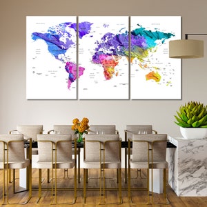 Multicolored World Map on canvas, World Map painting, Push Pins World Map print canvas, Geography Map art for wall, World map for gift