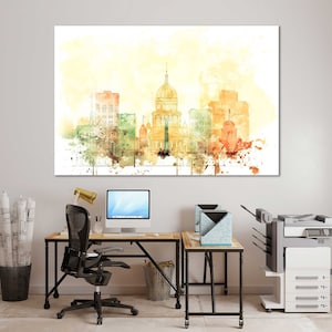 Springfield Skyline Watercolor Print – Illinois Cityscape Wall Art | Historic Capitol Poster, Midwest Travel Home Decor