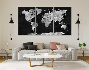 Watercolor World Map in black and white tones, Watercolor map print canvas, World Map painting on canvas, Push Pin World Map artwork