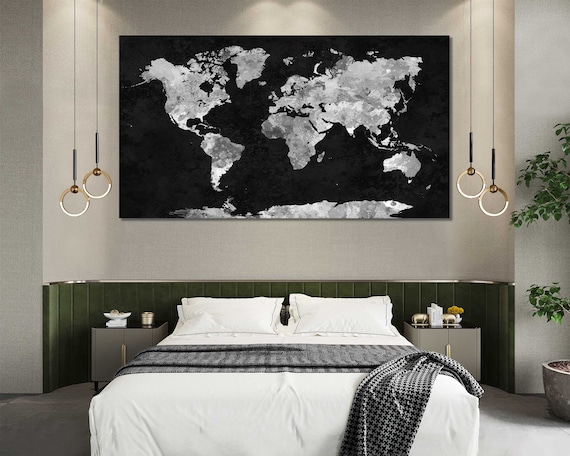 Black and White World Map Canvas Art, Watercolor Travel Wall Decor