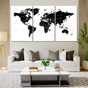 Impressão em tela de mapa-múndi em preto e branco, impressão de imagem de mapa-múndi, mapa-múndi estiloso para decoração de ambientes, arte de mapa-múndi, alfinetes de mapa-múndi