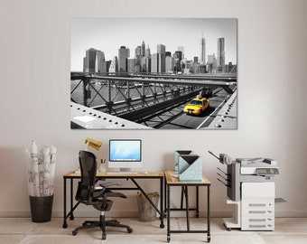 New York Skyline Canvas Print, Black and White Brooklyn Bridge with Yellow Taxi