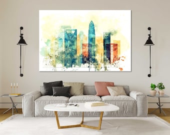 Charlotte Watercolor Canvas Print Set Wall Art Charlotte Skyline Canvas Living Room Wall Decor Charlotte Bedroom Canvas Home Decoration