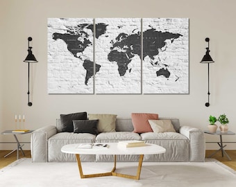 World Map black and white on canvas, Push Pins on World World print canvas, World Map picture print, Stylish World Map for wall